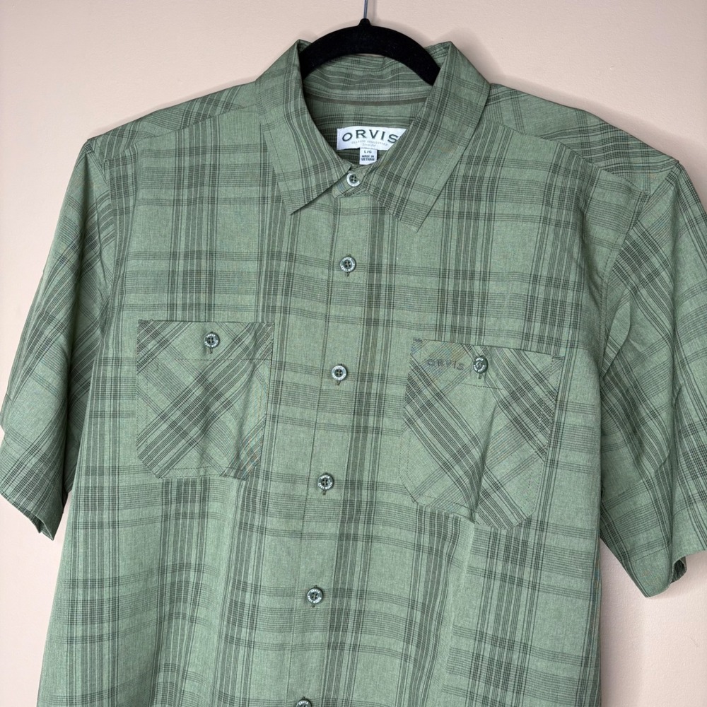 ORVIS Mens Sz L Plaid Short Sleeve Button Up Shirt Green Performance Outdoors